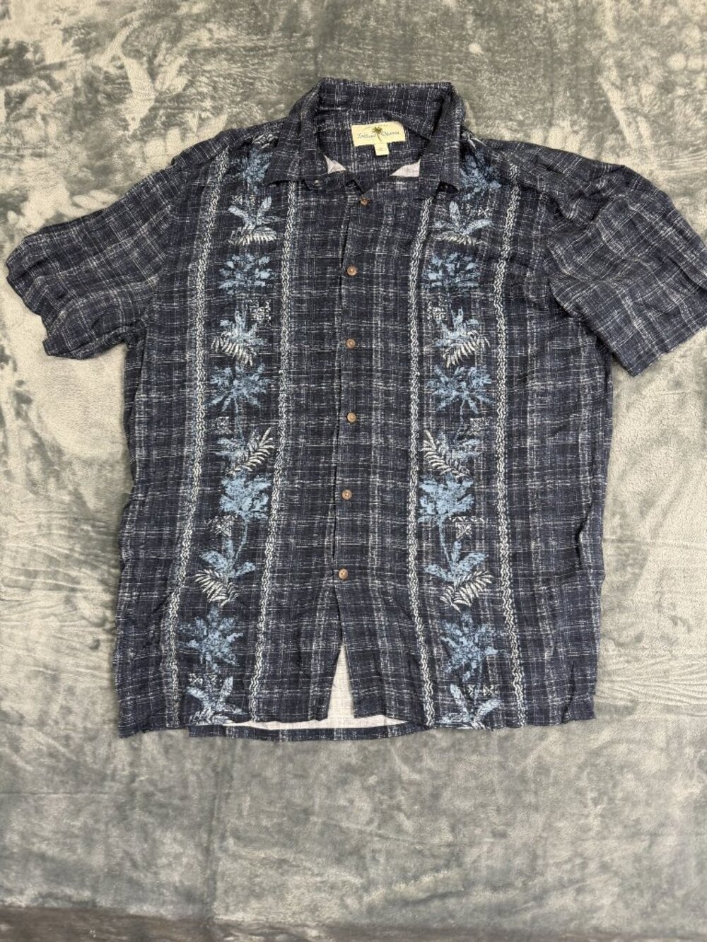 Island Shores Mens L Hawaiian Shirt Blue Plaid Embroidered Rayon